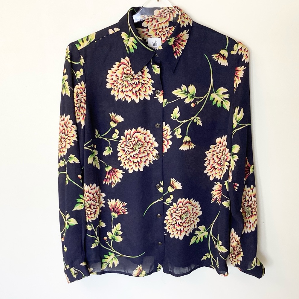 Cabi Long Sleeve Daisy Button Up Floral Blouse Style 3250 - Navy - S